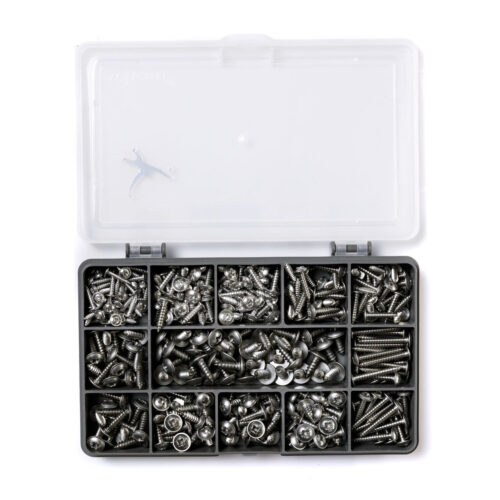An assortment of A2-70 flanged pan head self tapping screws. Supplied in a sturdy, recycled plastic compartment box and assembled with pride in the UK.