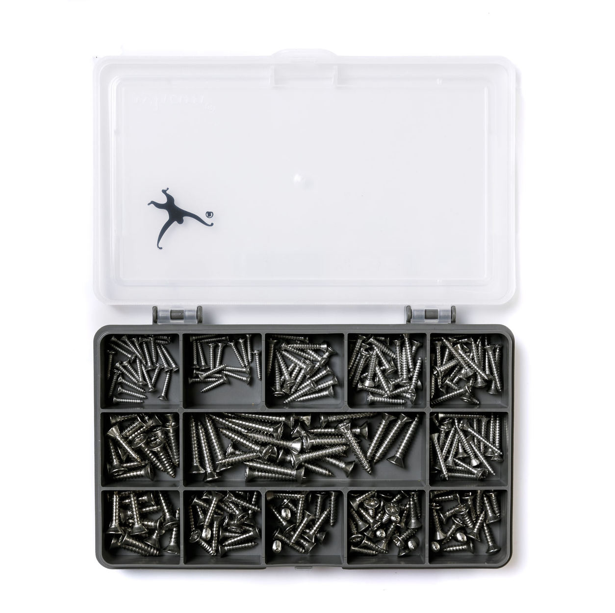 An assortment of A2-70 countersunk / flat head self tapping screws. Supplied in a sturdy, recycled plastic compartment box and assembled with pride in the UK.