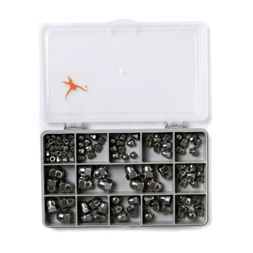 Dome Nut Kit. M3, M4, M5, M6 & M8. A2 Stainless Steel. 100-Piece. DIN 1587
